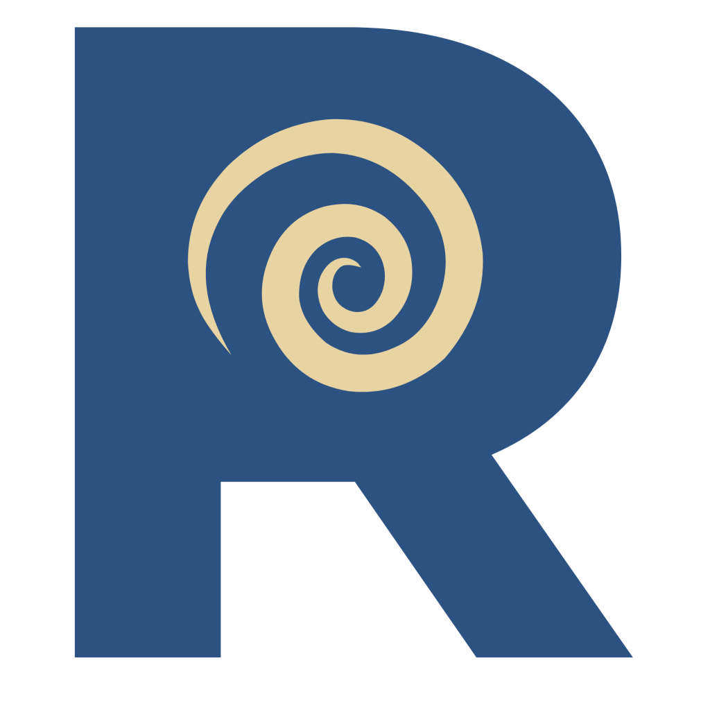 Rebecca Silva-Faville blog logo — a navy blue letter R with a yellow spiral at its center